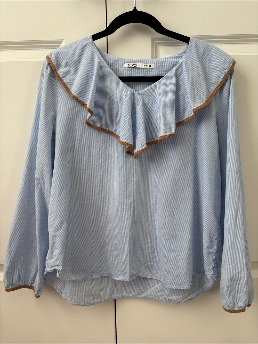 Light Blue Ruffle-Trim Long Sleeve Blouse